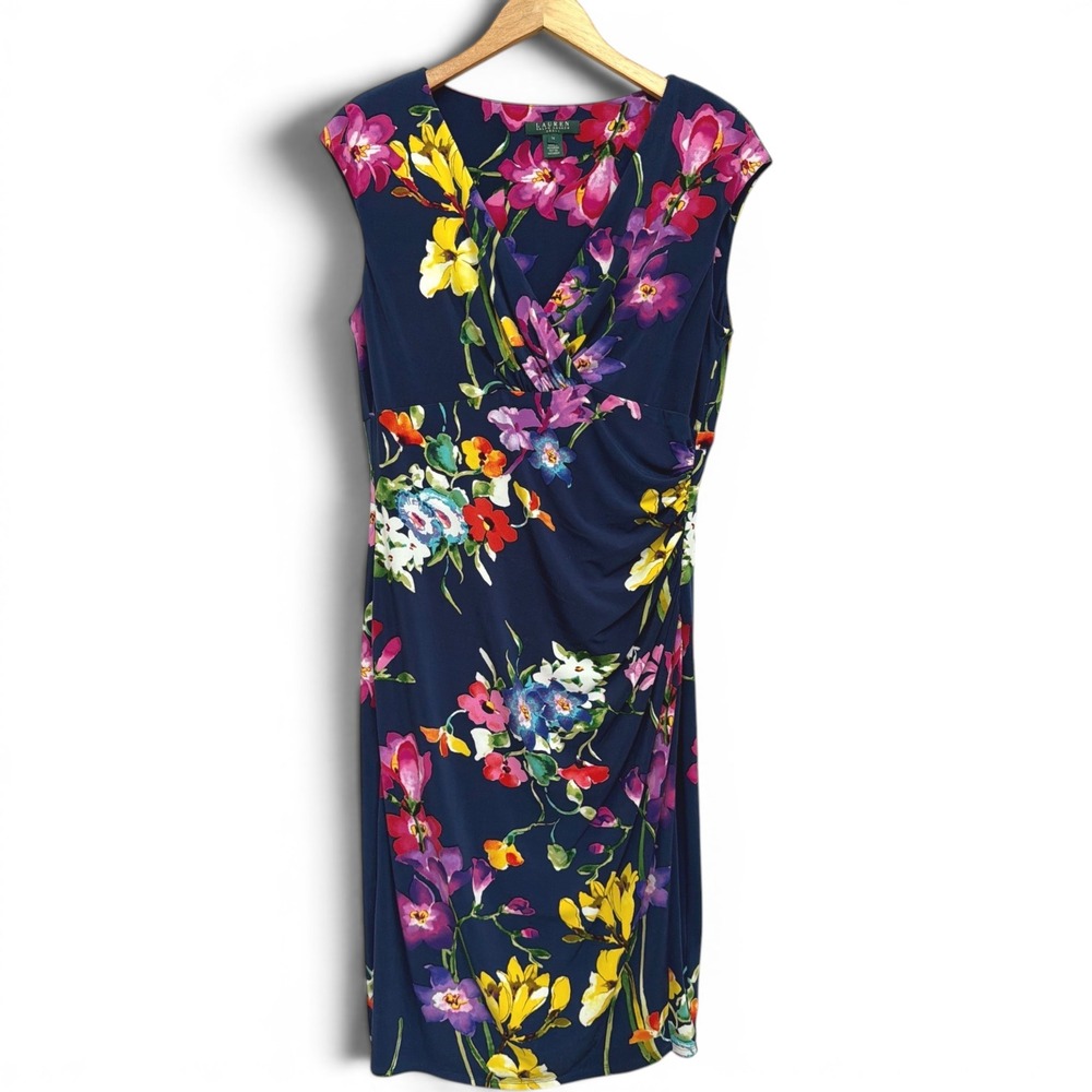 Lauren Ralph Lauren Sheath Dress Womens 14 Navy Floral Print Ruched VNeck Garden